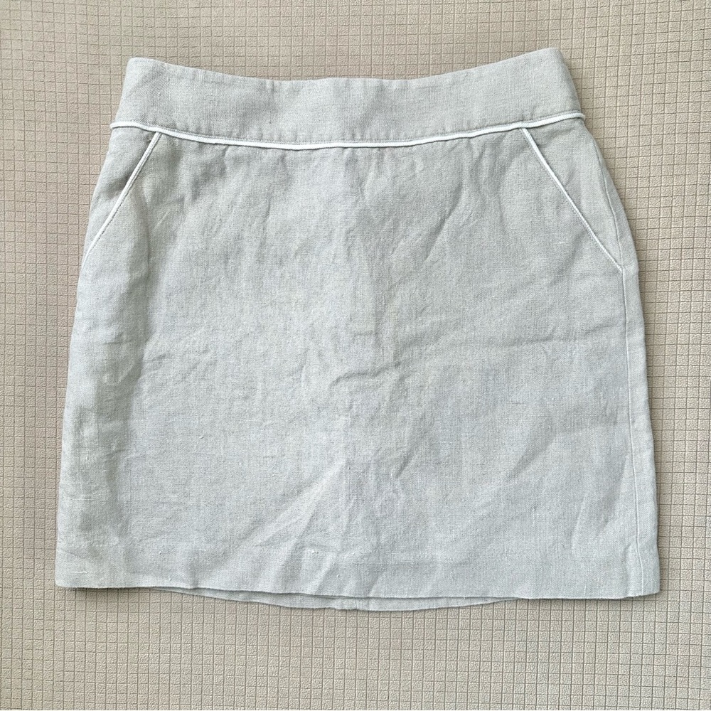 Ann Taylor LOFT 100% Linen Skirt Size 4 Cotton Lined Beige Zip Back White Piping